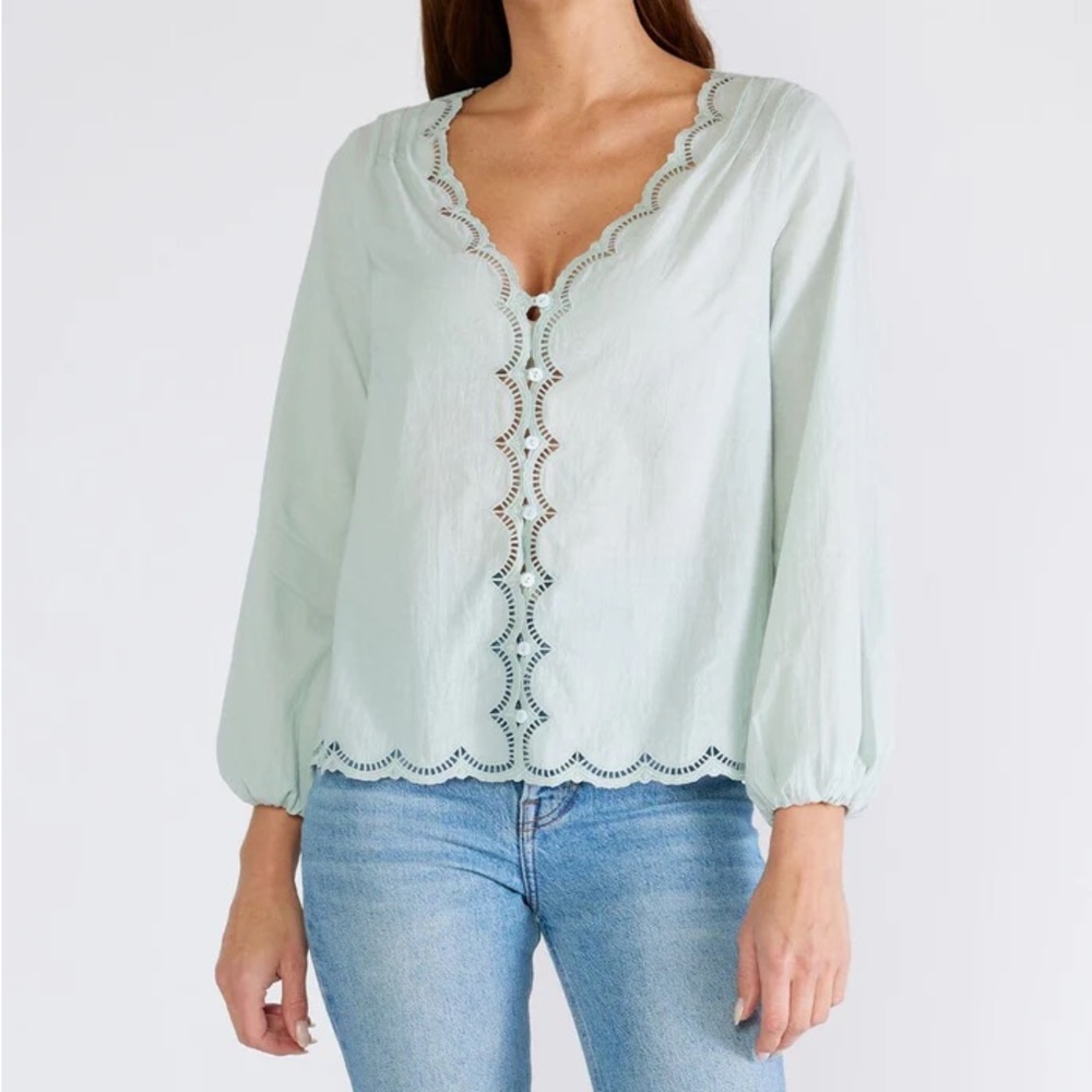 LOVESTITCH PAOLA SCALLOPED LACE TRIM BOHO BLOUSE TOP FEMININE WHIMSICAL S